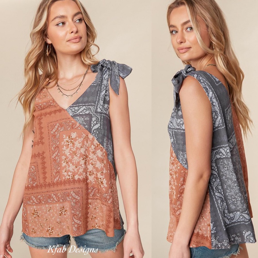 LAST 1! V Neck Boho Color Block Ruffle Woven Top! - Picture 4 of 9